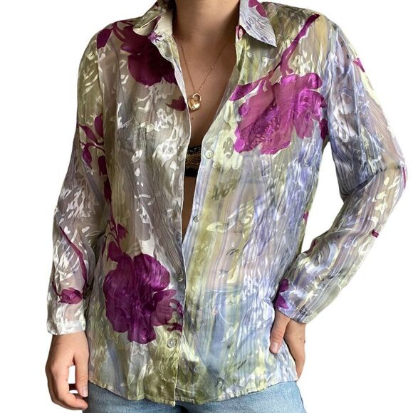 Vintage 80s Mirasol Womens Silk Blend Floral Slinky Sexy Button Down Blouse Sz S - Picture 6 of 7